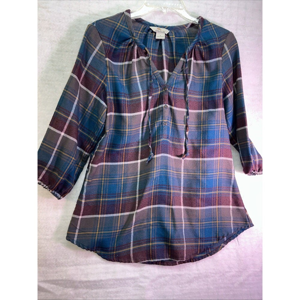 Bob Timberlake Shirt Womens  Small Maroon Tan Plaid Oversized Hippie Boho Comfy